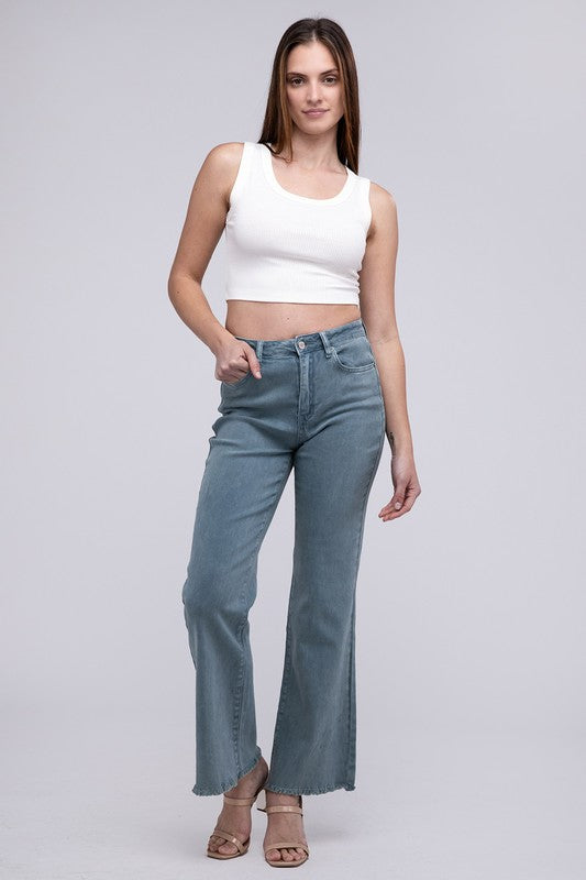 Zenana Color Washed Cotton Raw Hem Wide Leg Jeans in 6 Colors