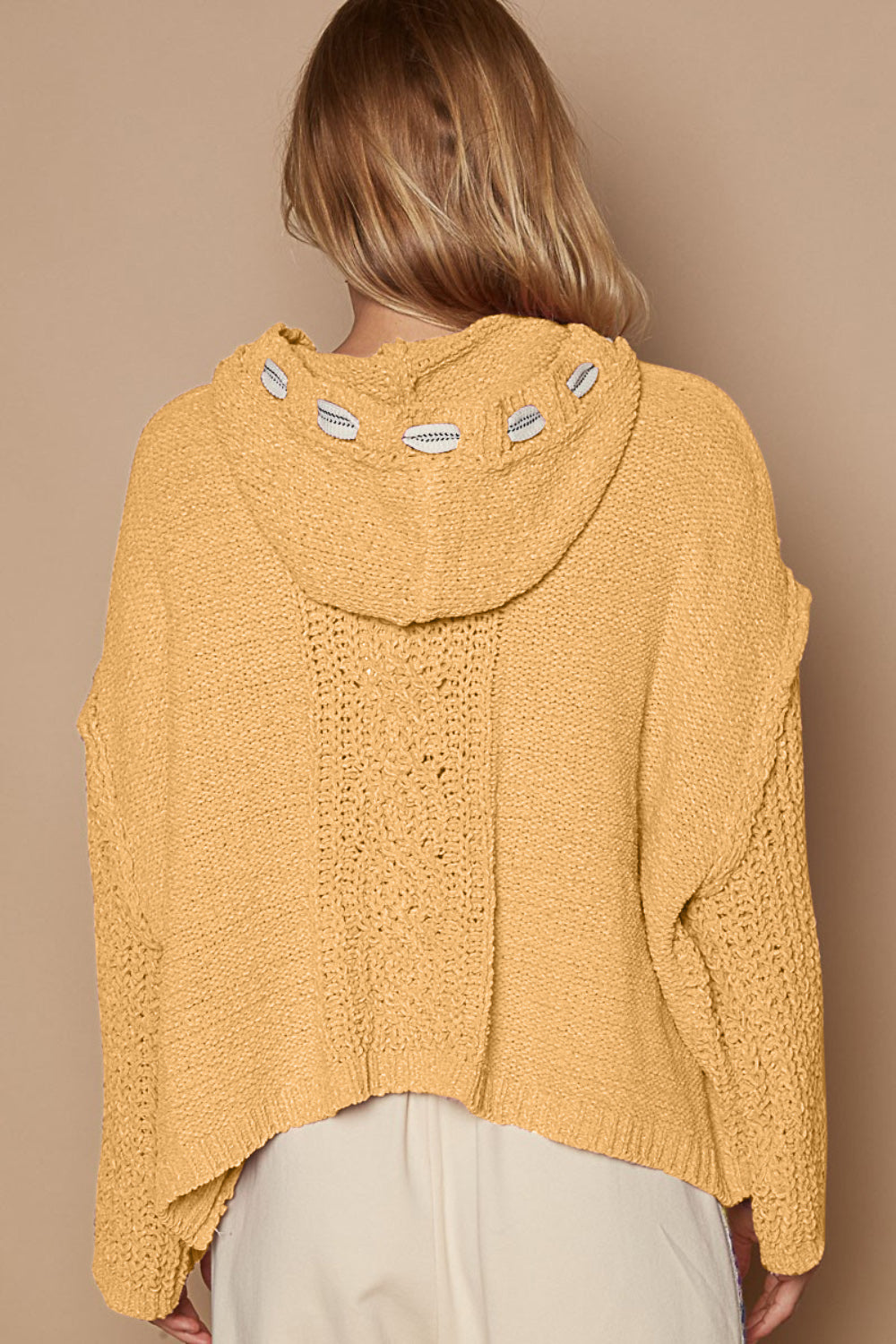 POL Hooded Cable-Knit Long Sleeve V-Neck Chenille Sweater in Honey Gold