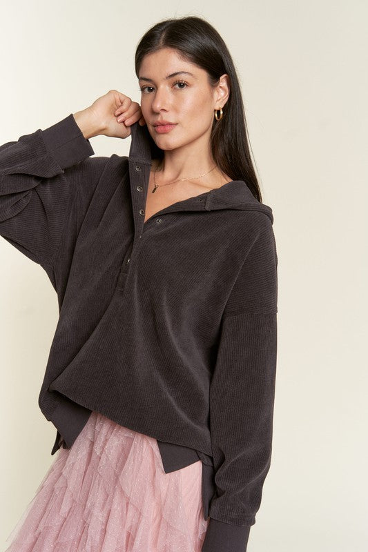 Jade By Jane Chenille Snap Henley Hooded Sweatshirt in 2 Colors