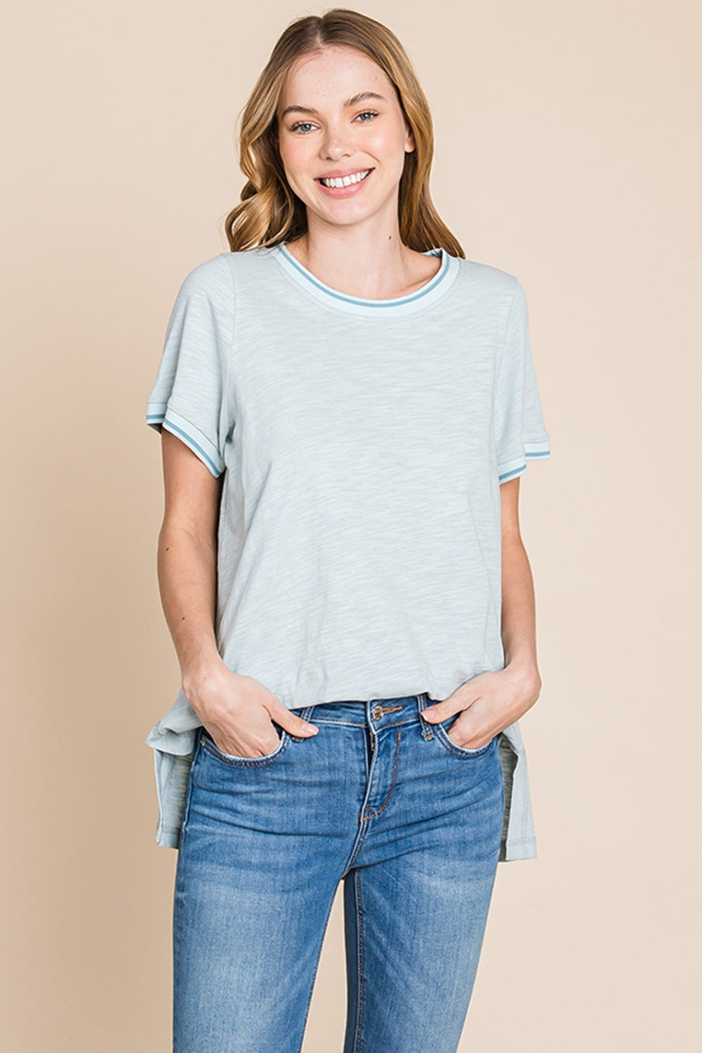 Cotton Bleu Contrasting Trim Oversized T-Shirt in Seafoam