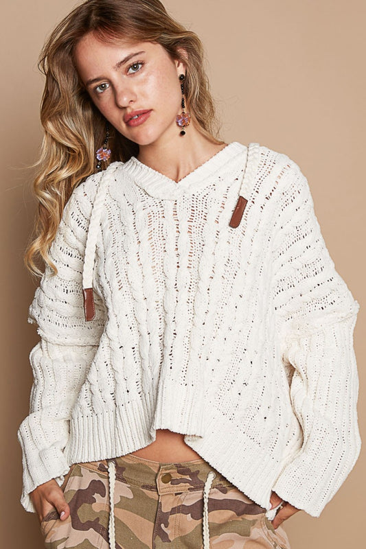 POL High Low Hem Hooded Cable-Knit Sweater in Cream Relaxed Fit Drawstring