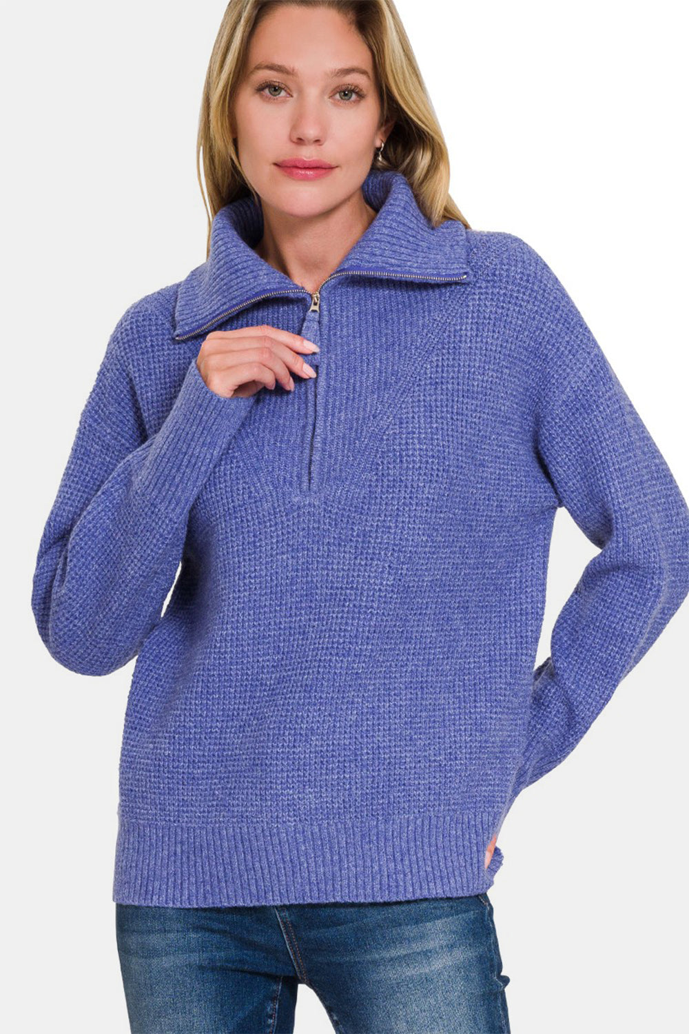 Zenana Half Zip Long Sleeve Waffle-Knit Sweater in Marlin Blue NWT