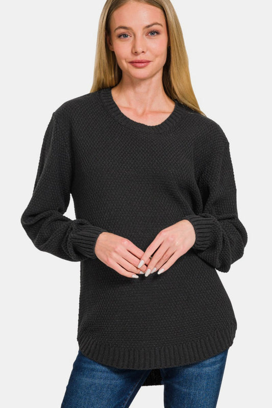 Zenana Diamond-Knit Long Sleeve Curved Hem Round Neck Tunic Sweater in Black Size Small to 3X