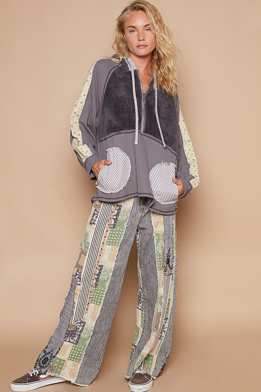 POL Half Zip Up Fleece Mix Back Star Patch Hoodie in Charcoal Multi