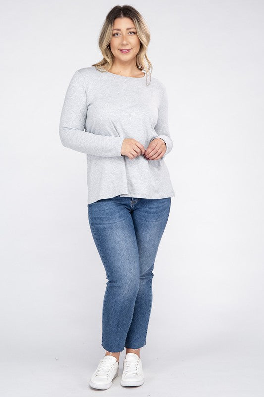 Zenana Plus Cotton Crew Neck Long Sleeve T-Shirt in 3 Colors