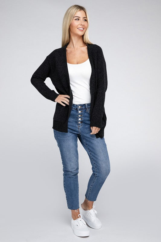 Zenana Melange Open Front Cardigan Sweater with Pockets in 4 Colors