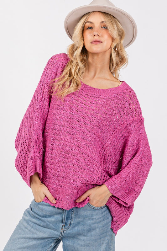 SAGE + FIG Distressed Asymmetrical Open Stitch Boat Neck Sweater in Magenta Pink