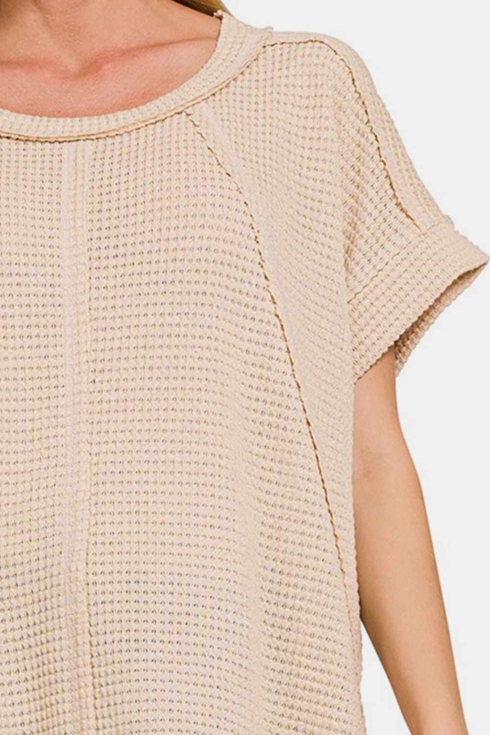 Zenana Waffle-Knit Exposed-Seam Short Sleeve T-Shirt in Beige