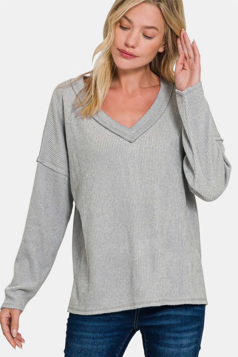 Zenana Exposed Seam Ribbed Long Sleeve V-Neck T-Shirt Top in Sleet Gray NWT