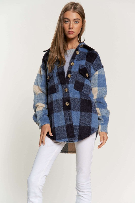 Davi & Dani Contrast Plaid Chest Pocket Button Front Jacket