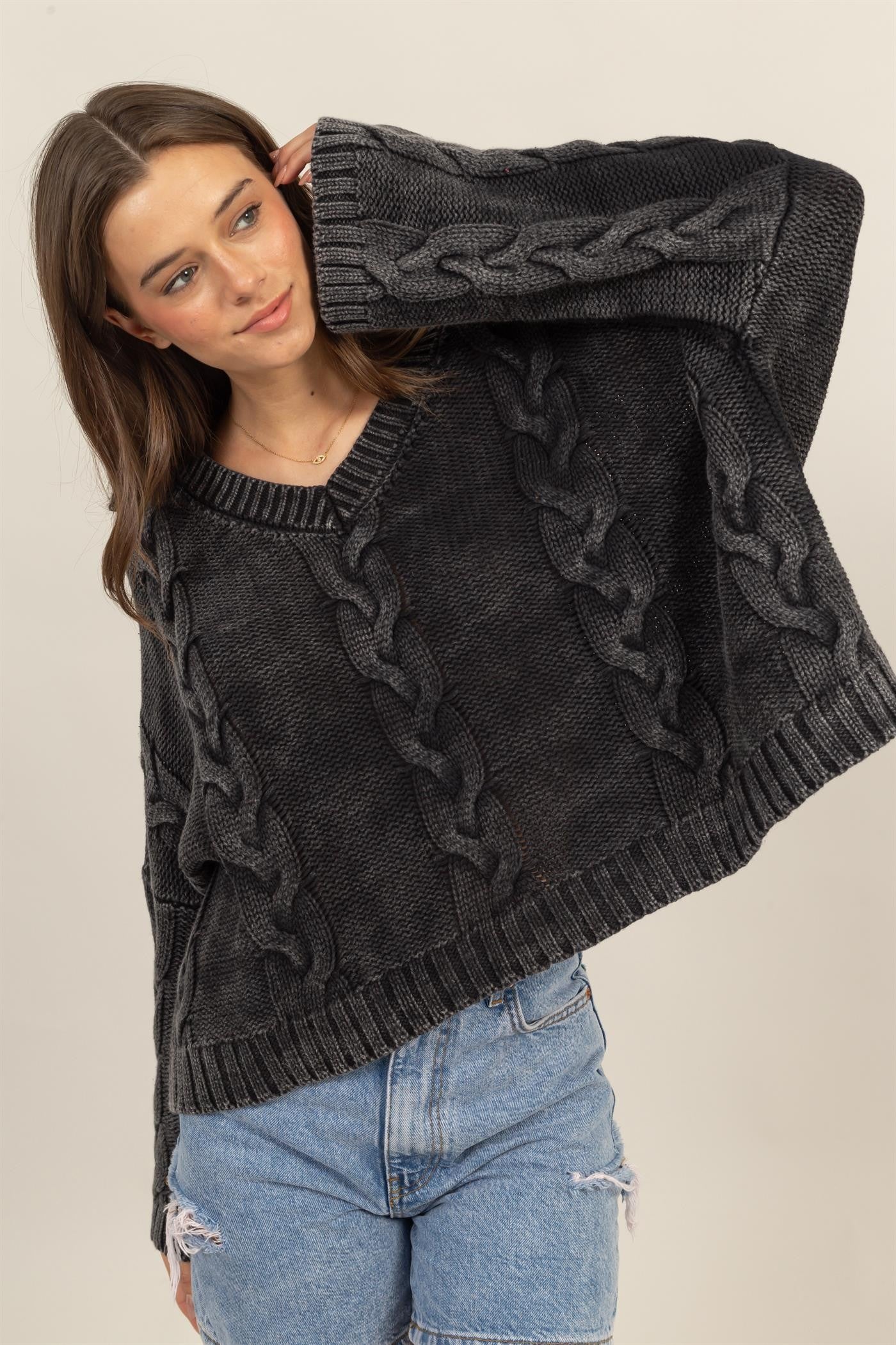 HYFVE Color Washed Cable Knit Bell Sleeve Oversized V-Neck Sweater in Charcoal