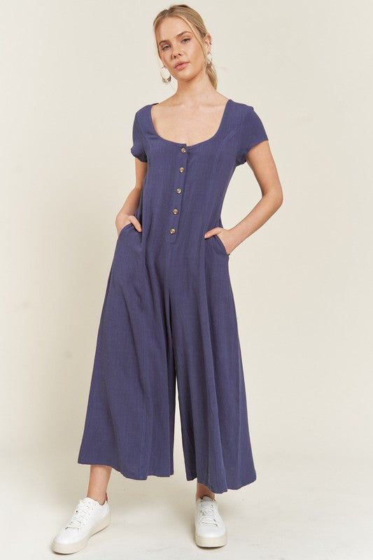 Jade by Jane Linen Button-Down Wide Leg Jumpsuit in Navy and Mustard