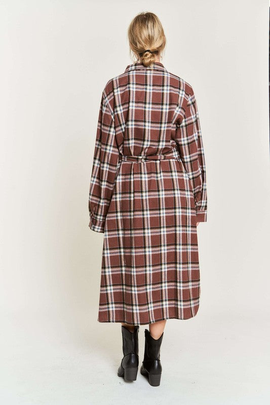 JADE BY JANE PLUS SIZE PLAID LONG SLEEVE BUTTON FRONT MIDI DRESS IN 3 COLORS