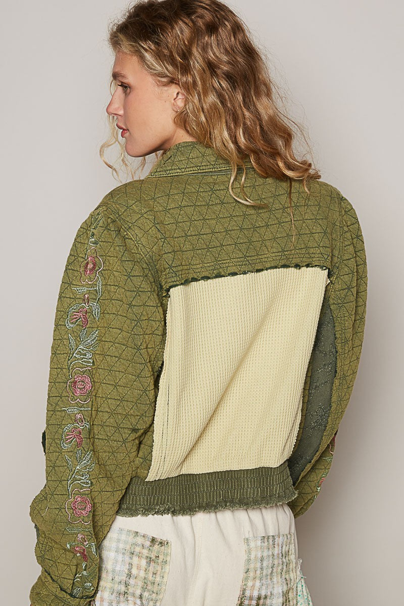 POL Embroidered Sleeve Raw Edge Quilted Jacket in Basil Multi NWT