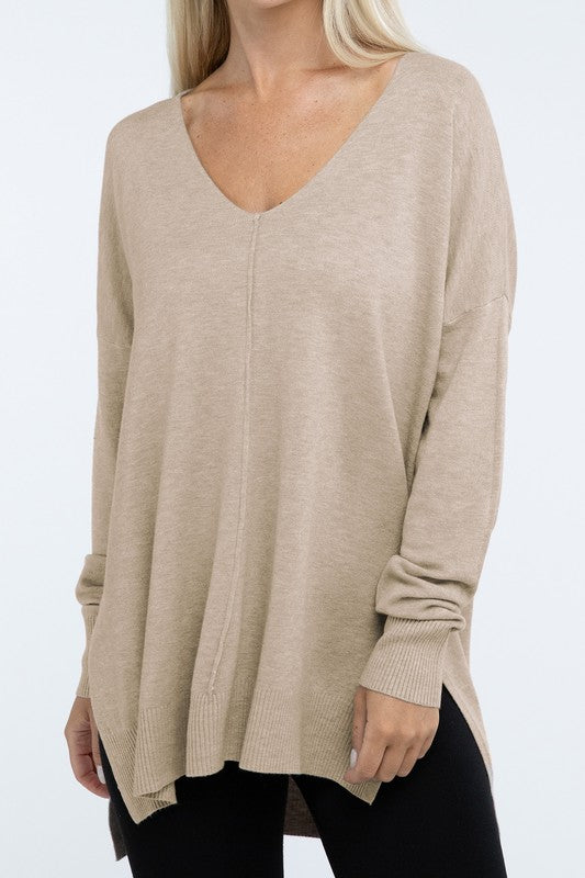 Zenana Front Seam Side Slit V-Neck Tunic Sweater in 5 Colors