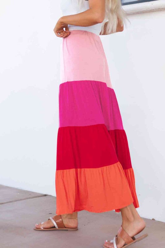 ClaudiaG Collection Stretch Cotton Color Block Tiered Drawstring Maxi Skirt