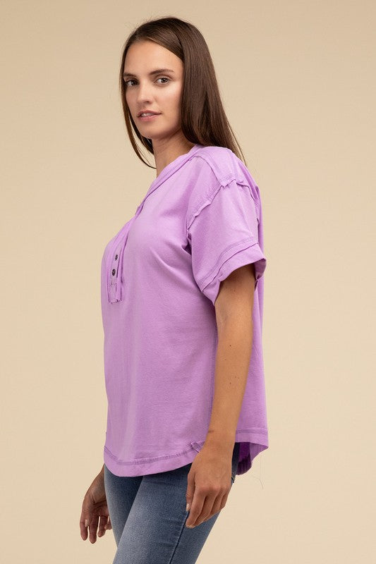 Zenana Cotton Raw Edge Short Sleeve Henley T-Shirt in 4 Colors