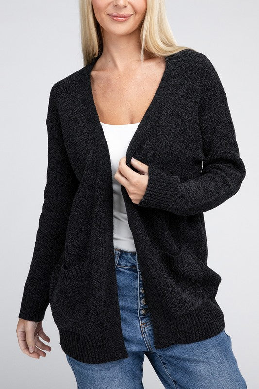 Zenana Melange Open Front Cardigan Sweater with Pockets in 4 Colors