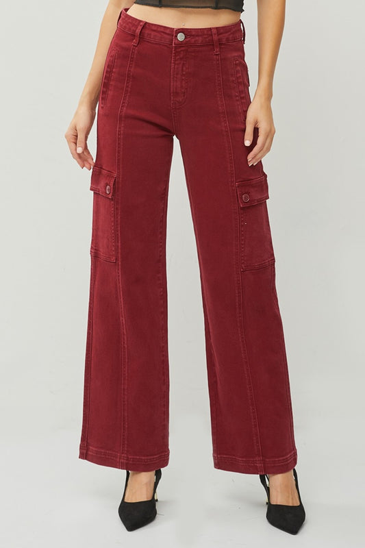 RISEN Full Size High Rise Wide Leg Cargo Jeans in Wine Red