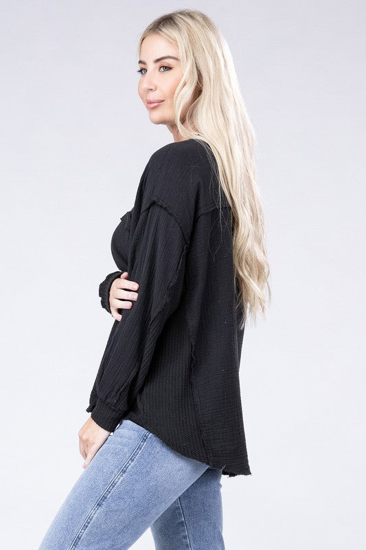 Zenana Double Cotton Gauze Oversized Raw Hem Henley Shirt in 8 Colors