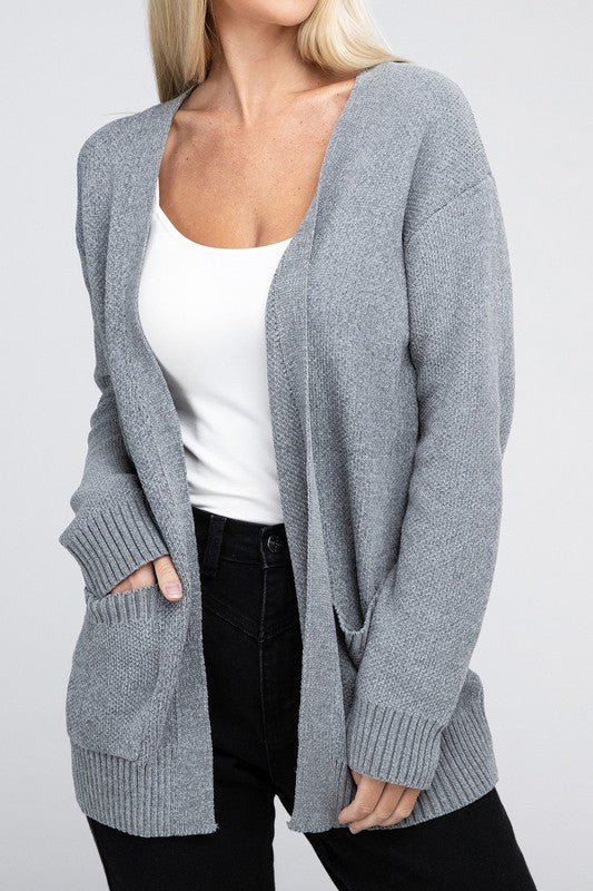 Zenana Melange Open Front Cardigan Sweater with Pockets in 4 Colors