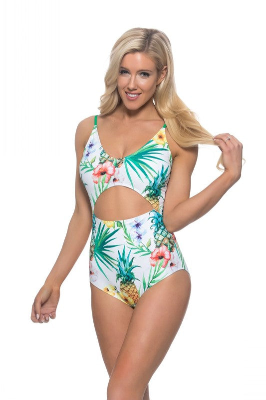 Beach Joy Bikini Pineapple Print Cutout One-Piece Swimsuit