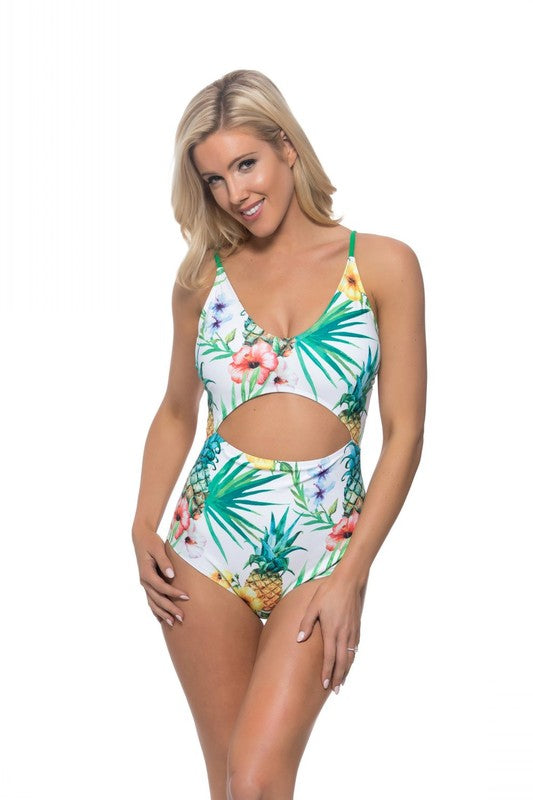 Beach Joy Bikini Pineapple Print Cutout One-Piece Swimsuit