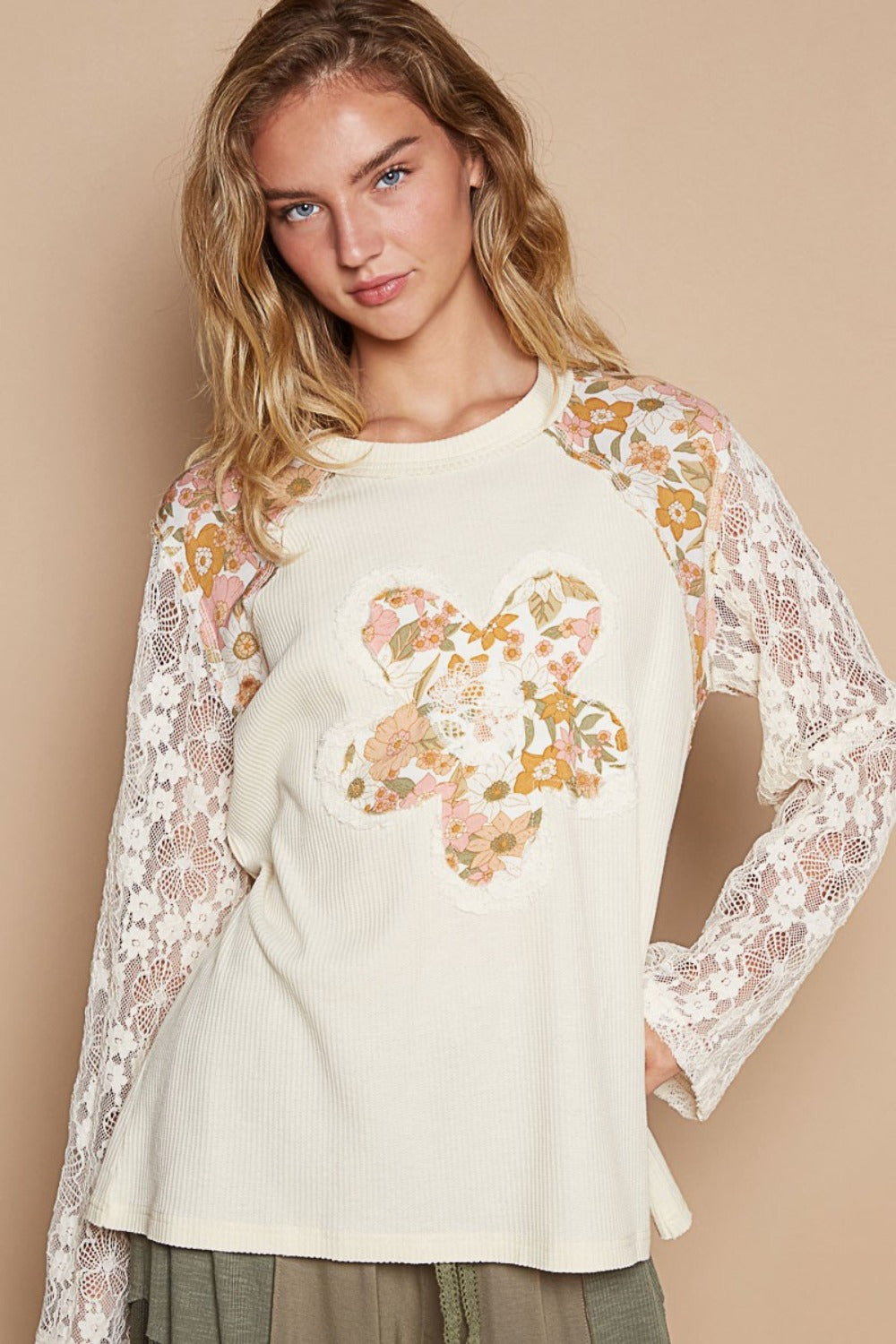 POL Flower Patch Lace Sleeve Knit T-Shirt Top in Cream Multi