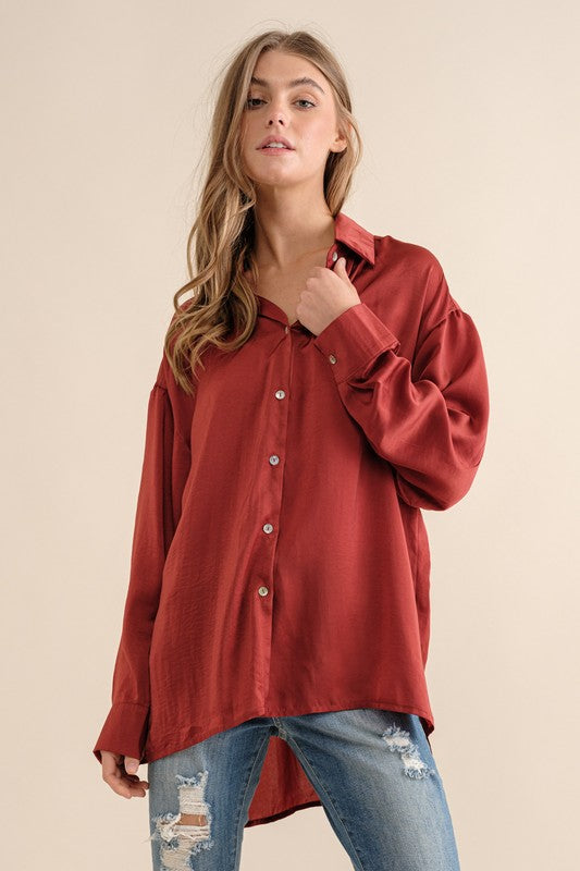 Sweet Generis Satin Long Sleeve Button-Down Top in 6 Colors