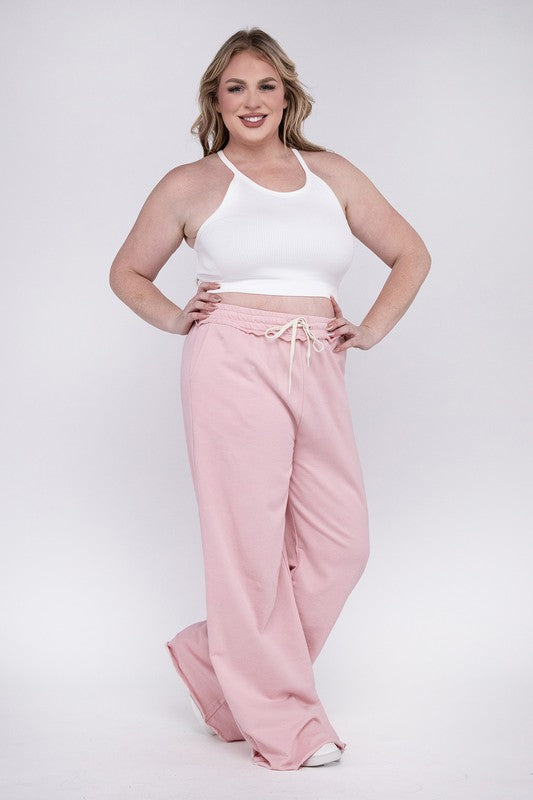 Zenana Plus French Terry Raw Hem Wide Leg Sweatpants in Ash Blue or Dusty Pink