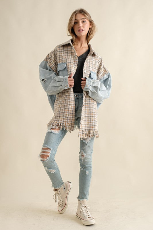 Sweet Generis Oversized Tweed and Denim Shirt Jacket with Fringed Hem