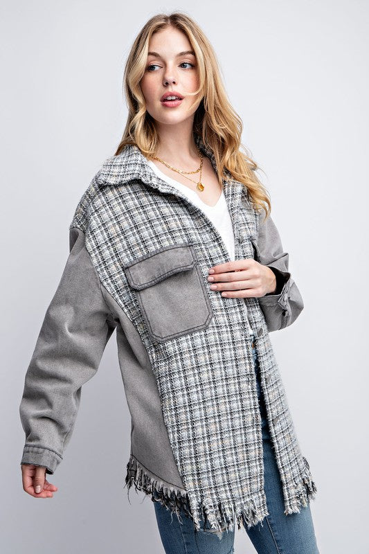 Sweet Generis Oversized Tweed and Denim Shirt Jacket with Fringed Hem