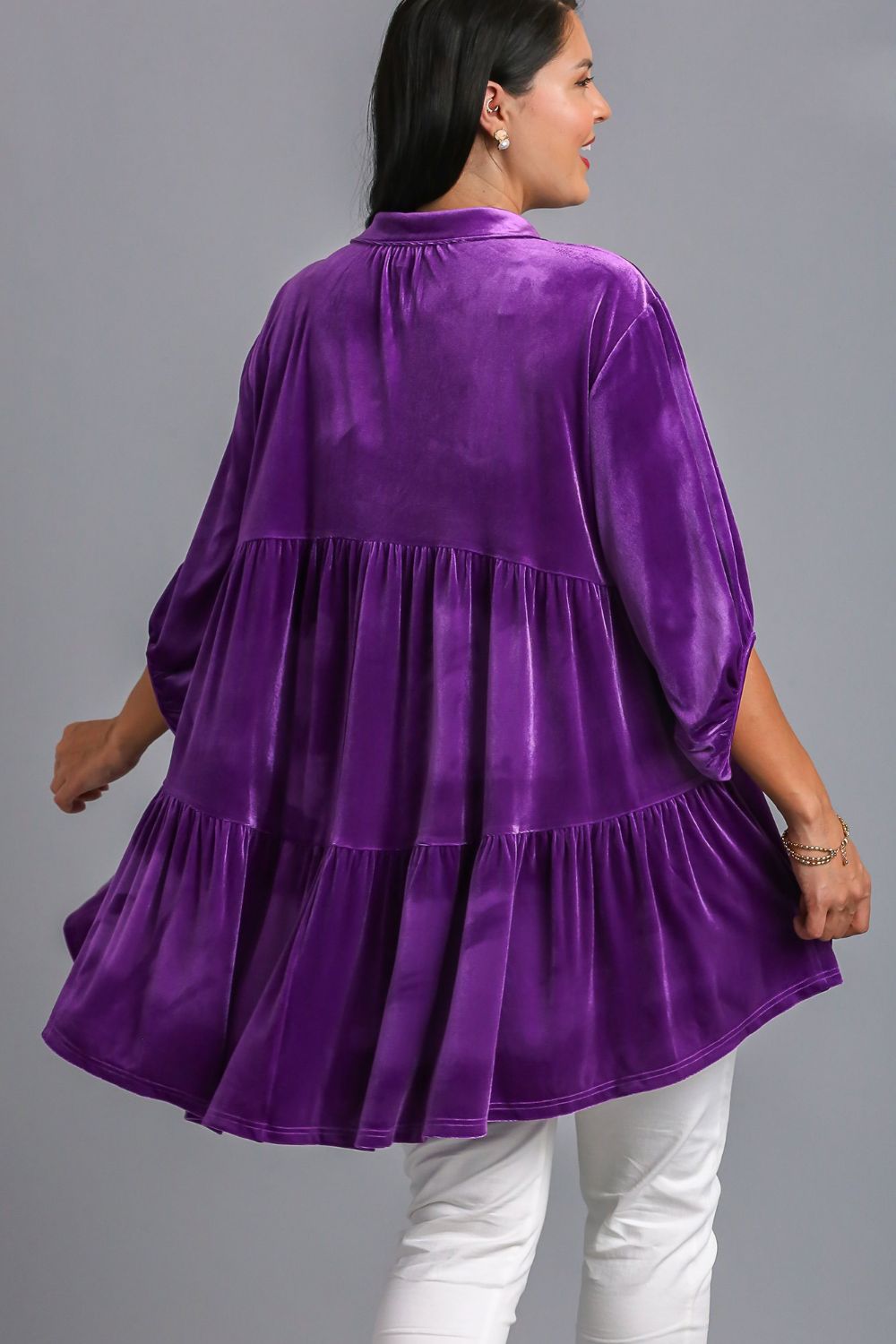 Umgee Full Size Tiered Velvet High Low Hem Tunic Button-Down Shirt in Violet Purple NWT