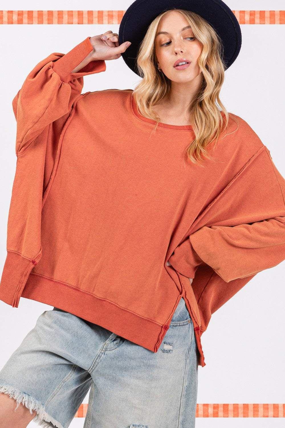 SAGE + FIG Mineral Wash Side Slit Oversized Sweatshirt in Amber Orange NWT