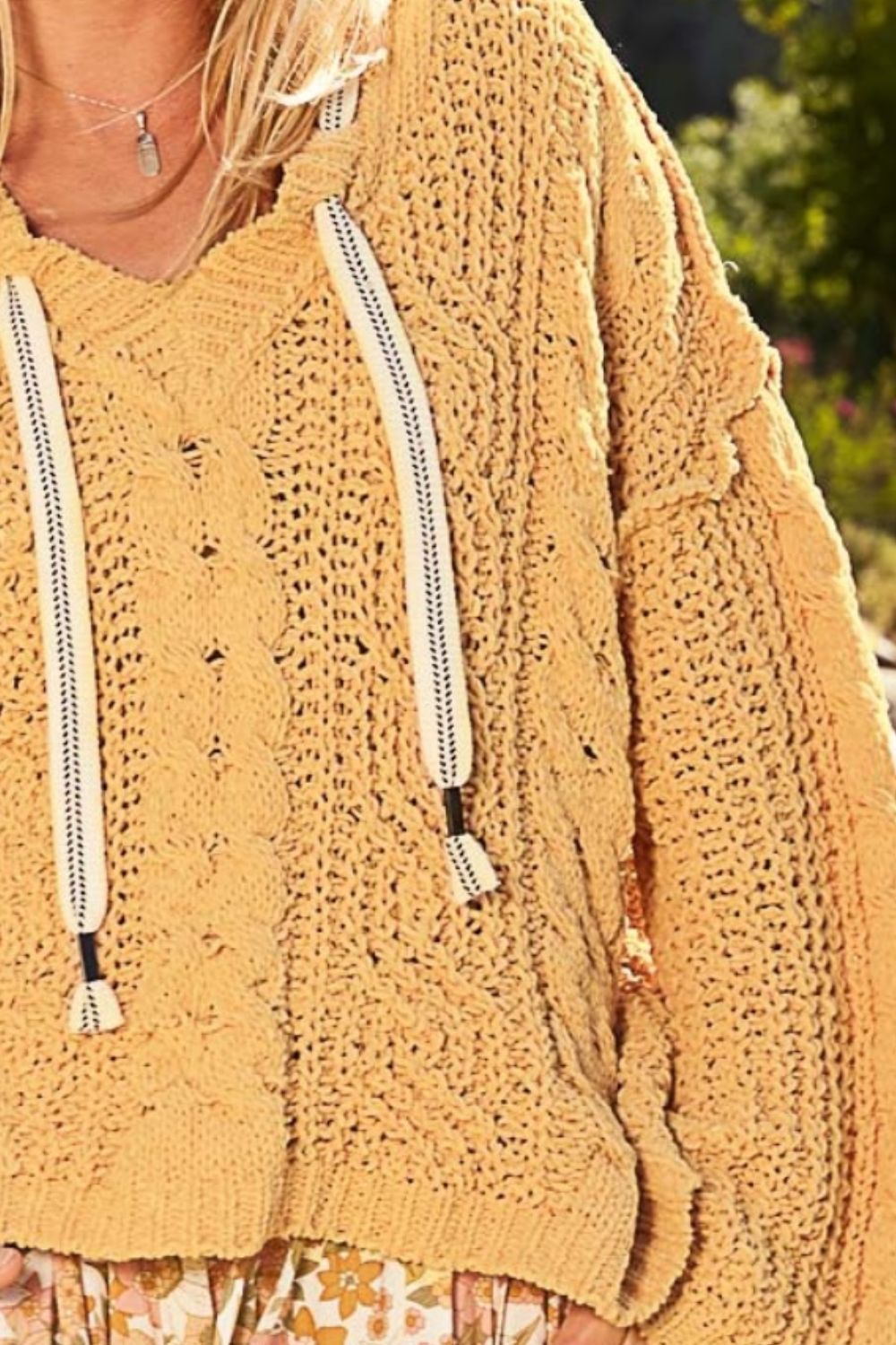 POL Hooded Cable-Knit Long Sleeve V-Neck Chenille Sweater in Honey Gold