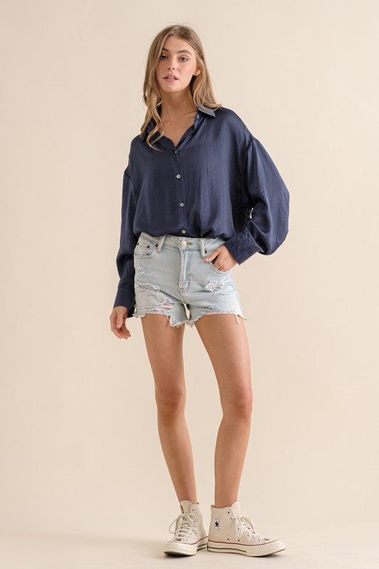 Sweet Generis Satin Long Sleeve Button-Down Top in 6 Colors