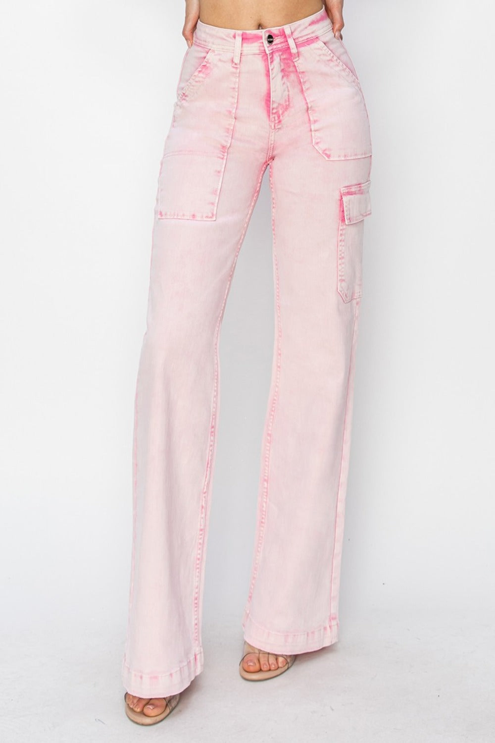 RISEN Full Size High Rise Cargo Pocket Jeans in Acid Wash Light Pink