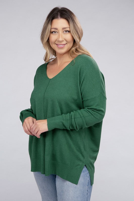 Zenana Plus Size Front Seam V-Neck Tunic Sweater