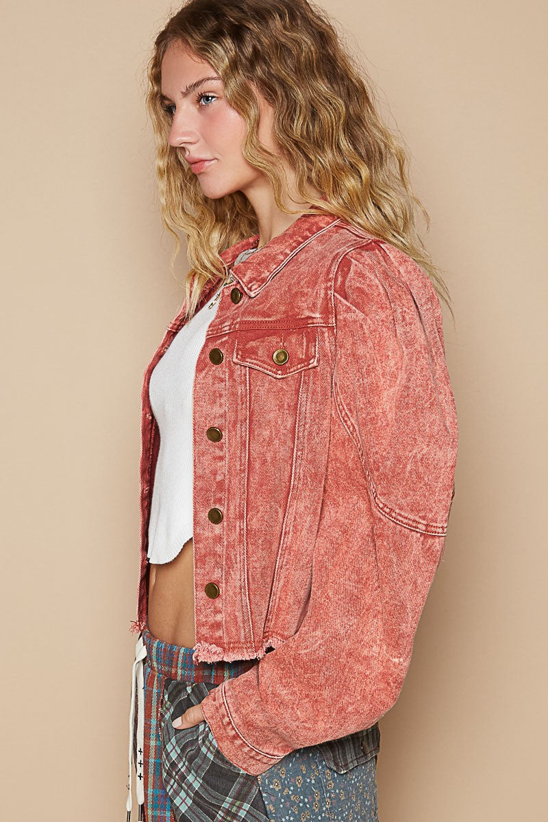 POL Puff Shoulder Raw Hem Cropped Denim Jean Jacket in Washed Brick Red NWT