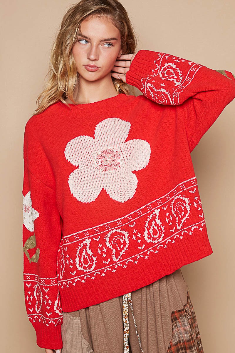 POL Flower Lace Patch Long Sleeve Sweater in Red Multi