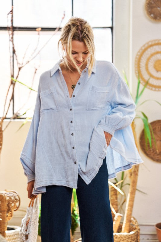 Jade by Jane Cotton Gauze Button-Down Shirt in Tan and Light Blue