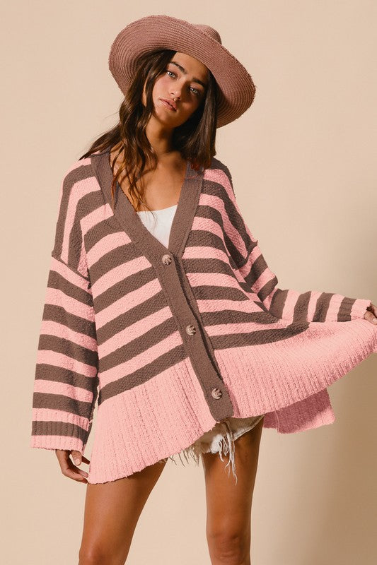 BiBi Striped Button Up V-Neck Tunic A-Line Cardigan Sweater in Blush Pink Multi NWT