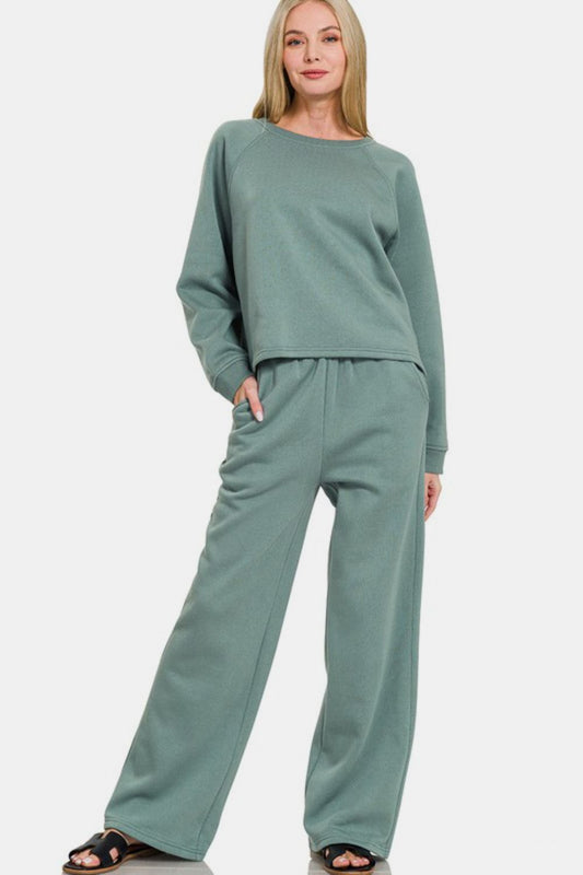 Zenana 2-Piece Lounge Set Raglan Sleeve Top & Pull-On Wide Leg Sweatpants in Air Force Blue