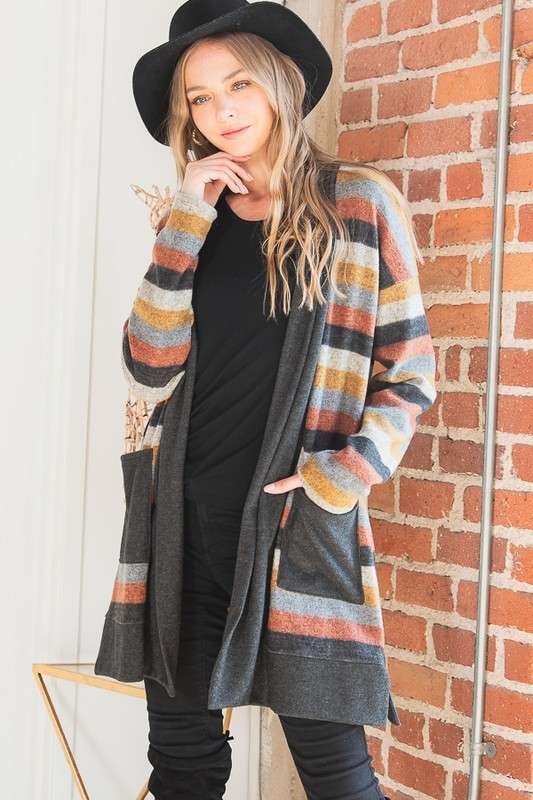 Jade by Jane Plus Multicolor Striped Longline Open Front Cardigan Sweater