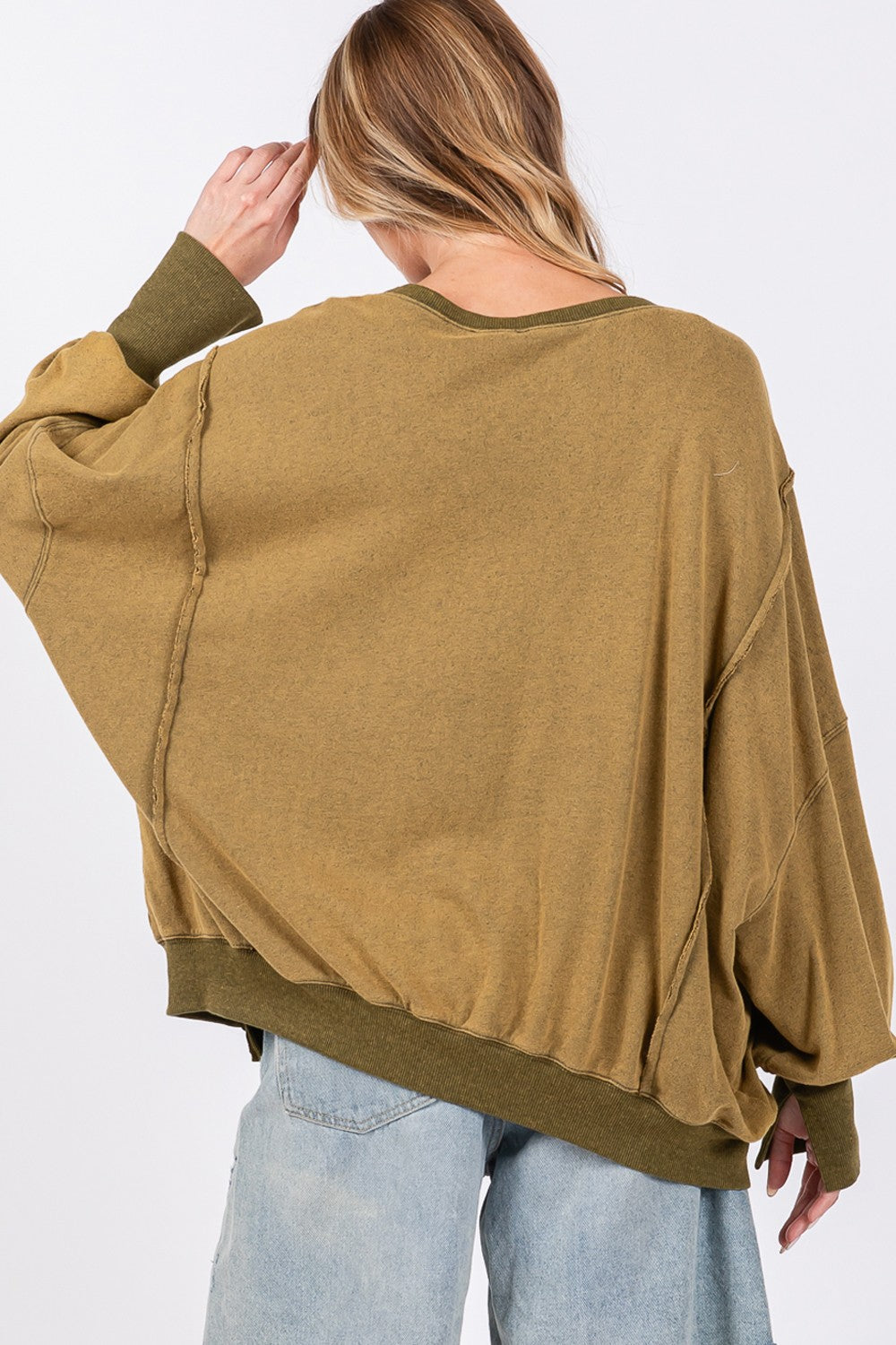 SAGE + FIG Mineral Wash Side Slit Oversized Sweatshirt in Olive