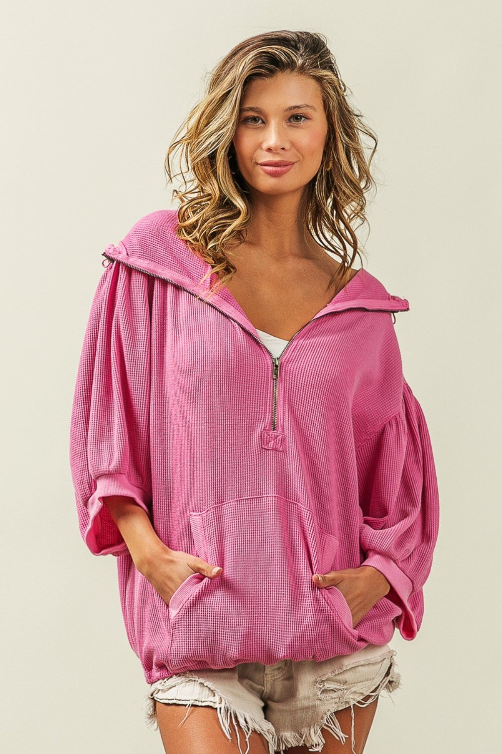 BiBi Waffle-Knit Half Zip Hooded Top in Fuchsia