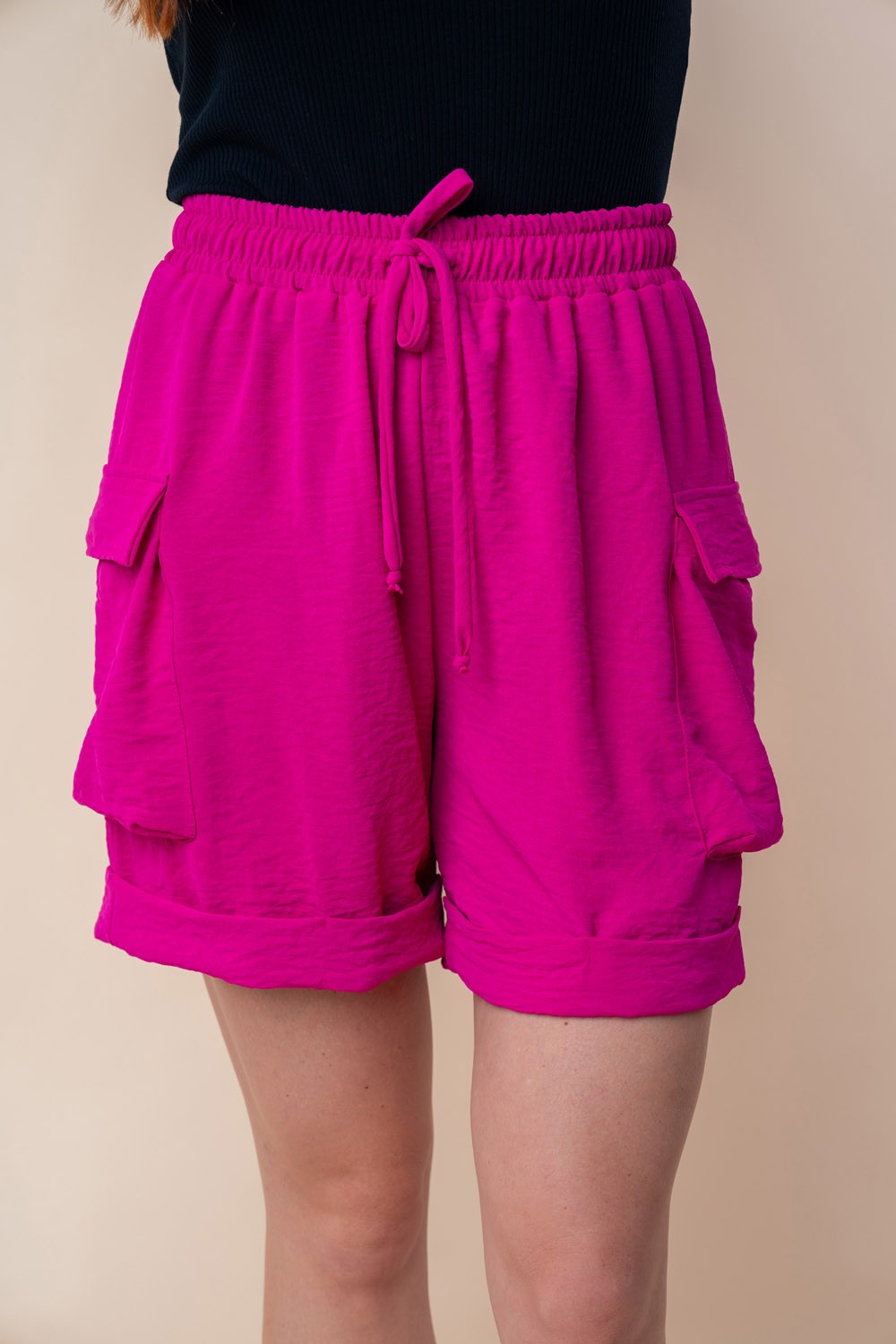 White Birch High Wait Drawstring Knit Cargo Shorts in Fuscia