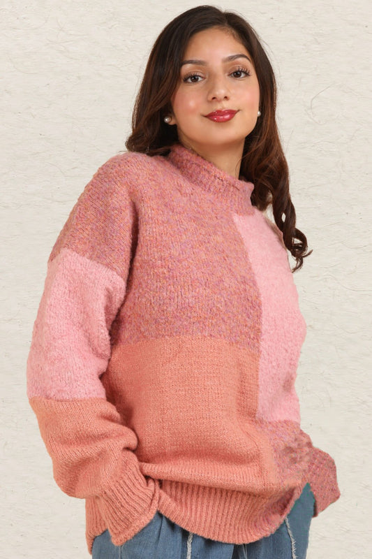 VERY J Mock Neck Color Block Drop Shoulder Sweater in Pink Multi NWT