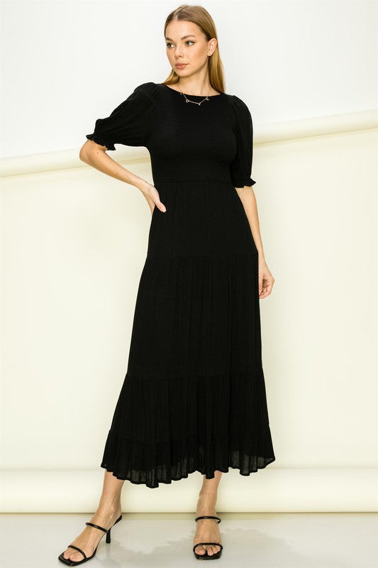 HYFVE Half Sleeve Smocked Backless Tiered Maxi Dress in Black