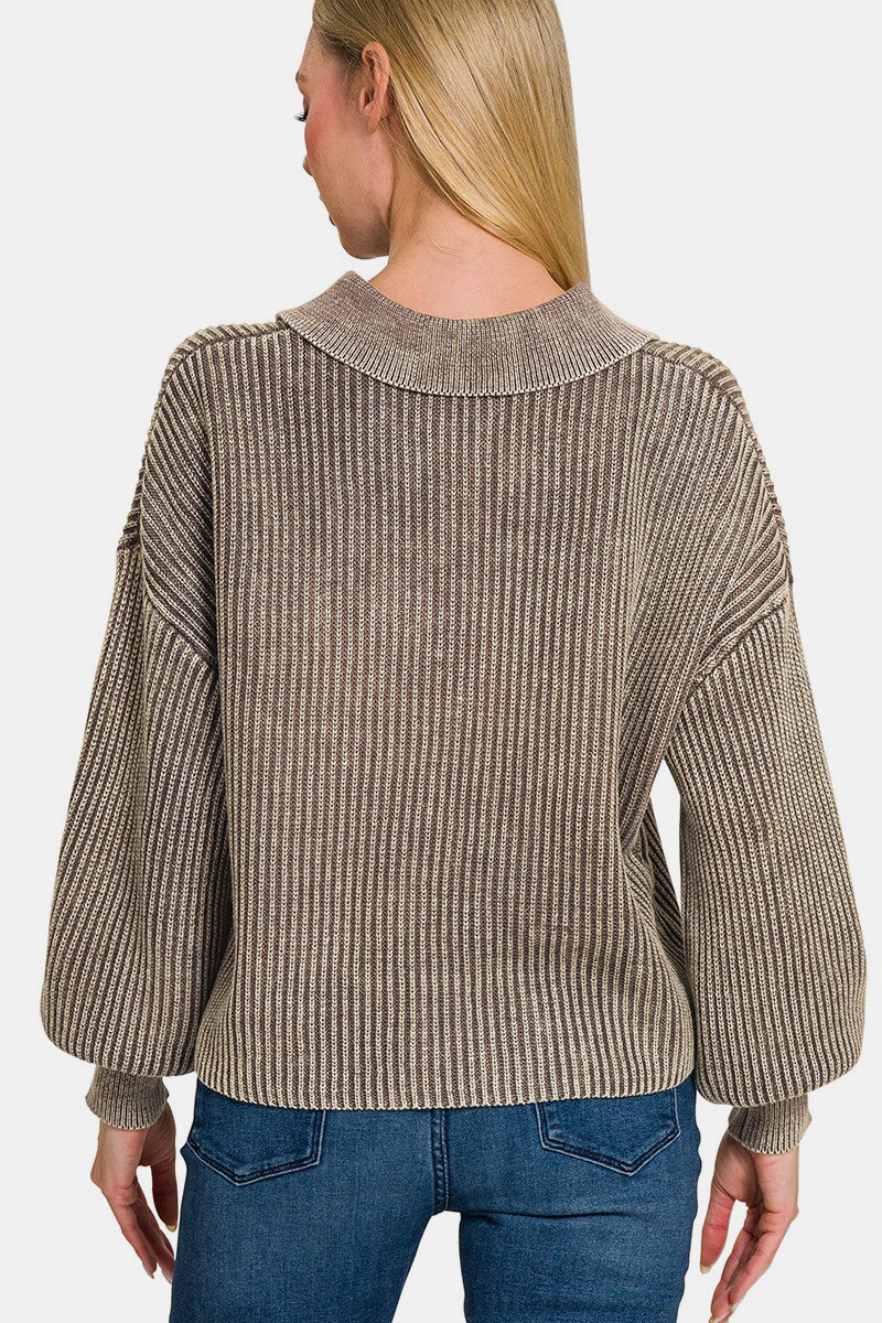 Zenana Color Wash Ribbed Half Button Collared V-Neck Sweater in Mocha Brown